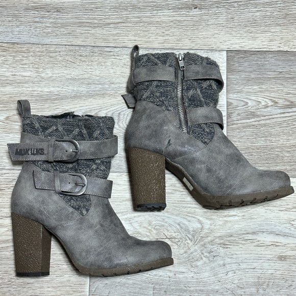 Muk Luk Booties Gray Skylynne High Heels Size 7 Buckles Moto Inspired Vegan D156 - Picture 1 of 10